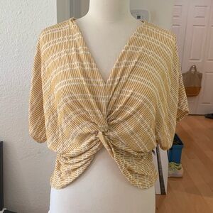 SAGE the Label yellow and white cropped and knotted top with kimono sleeves